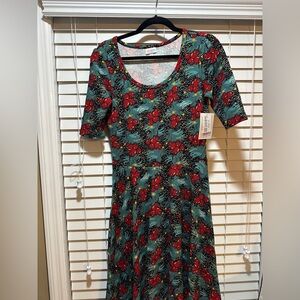 Lularoe Nicole Floral Print Dress in Red and Green - M - NWT